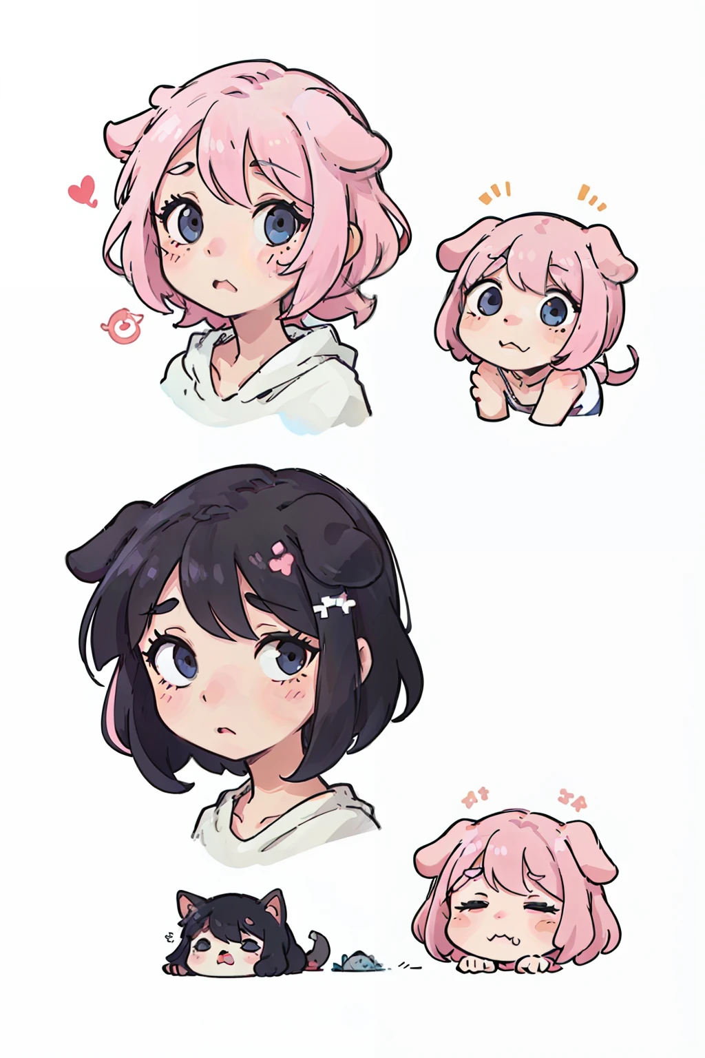 Cute pink puppy，Puppy ears，Various expressions，sleepy，adorable eyes，white backgrounid, illustration-nii 5-style cute, emoji as illustration set, with boold manga line style,
dynamic pose dark white，，f/64 groups，related characters，Old
Meme Kernel，expressions