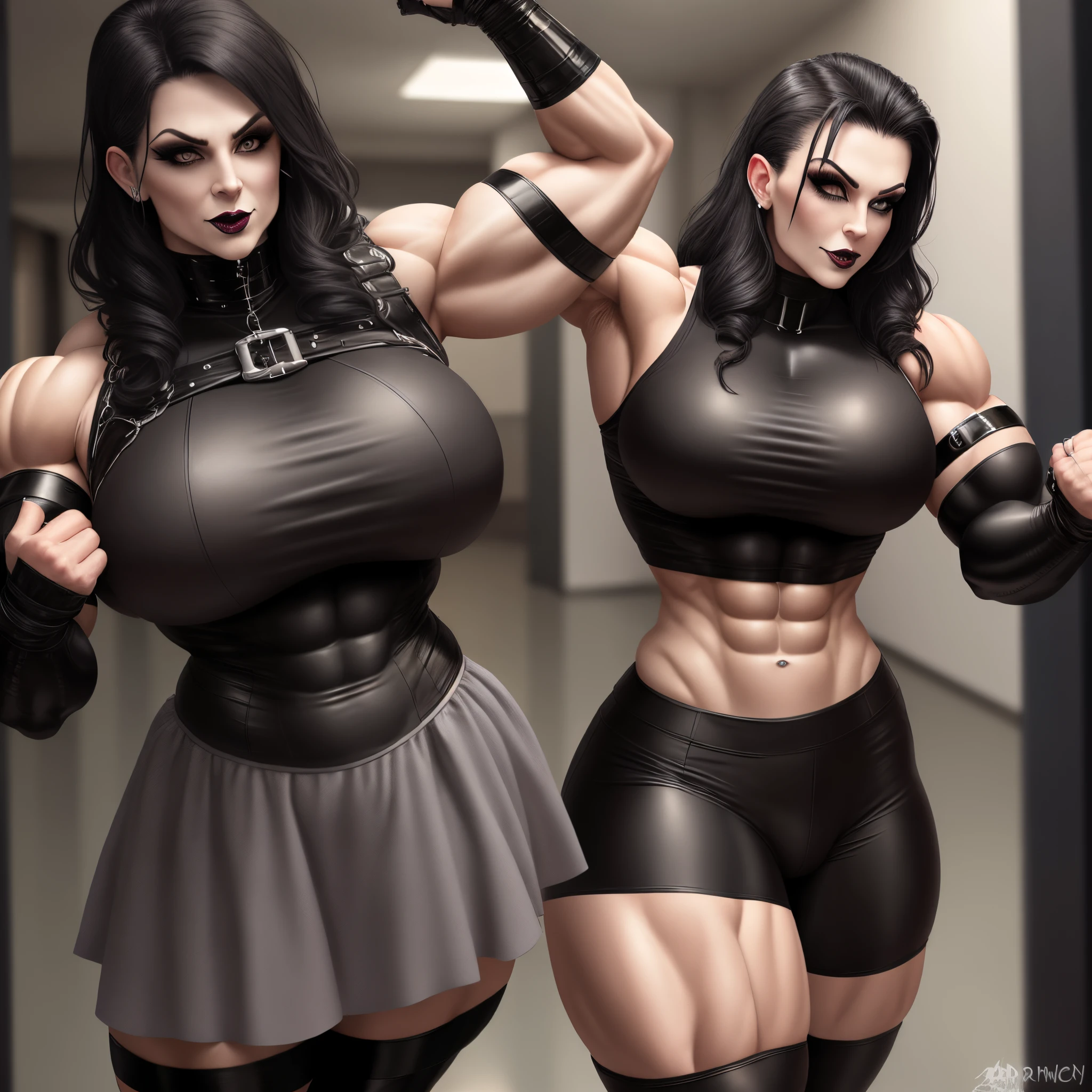 (masterpiece,best quality,ultra-detailed),((((Massive Female Bodybuilder)))), (small waist), (wide hips), (wide shoulders), 1girl,messy hairstyle,mane,thick hair,long bob cut, black hair,blue and red and black hair,aesthetic hairstyle,goth girl, pointy ears,beautiful and detailed face, detailed eyes,tsurime, goth fashion,night,fog,looking at viewer,huge chest,((grey theme)),((gothic theme)), f cup breasts, long legs, narrow waist, (huge muscular ass), tattos, tribal tattoos, piercings, nipple piercings, thick, goth mommy, leg muscles arm muscles back muscles, sweaty skin, sweat, wet skin, dripping wet, indoor, gothic background,