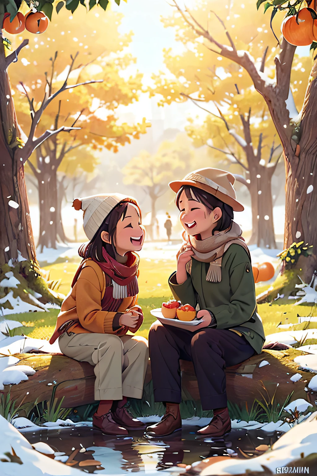 (Photorealistic:1.37),Sitting under the persimmon tree with friends,Sitting on the old tree trunk,Open your mouth and laugh,closeup of face,Wear long-sleeved trousers,Wearing a scarf and woolen hat,Snowflakes on the trees,Persimmons in hand,((Season winter)),,light wind,(It was snowing heavily:1.0),,snow landscape,Vibrant sunshine,joyful expressions,Bonds of friendship,relaxing atmosphere,serene environment,Lively conversation,A satisfied smile,laughter echoes,Moments of happiness,There is a persimmon tree next to it ,The trees are covered with persimmons,happiness sharing,Cheerful ambiance,Fun interaction,pleasant smell,lindo cenario,harmonious connection,Beauty,lighthearted conversation,warm sunlight,,Quiet environment,dance reflection,,,gentle ripples,Tranquility in the air,Memories full of laughter,winter happiness
