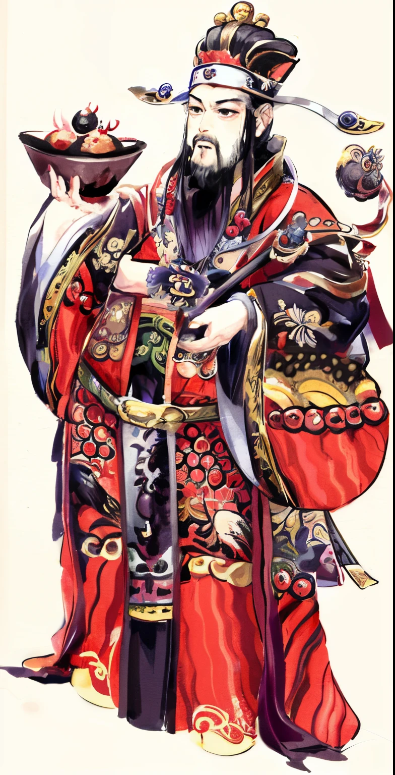 A Chinese man in red robe holds a bowl and dragon, Ancient Chinese god, guan yu, Emperor Xuande, chinese empress, Wearing ancient Chinese clothes, inspired by Wu Daozi, wearing ornate silk clothes, Inspired by Emperor Xuande, traditional chinese art, TRADITIONAL CHINESE COSTUMES, Chinese mythology, God Emperor of Humanity, Taoist