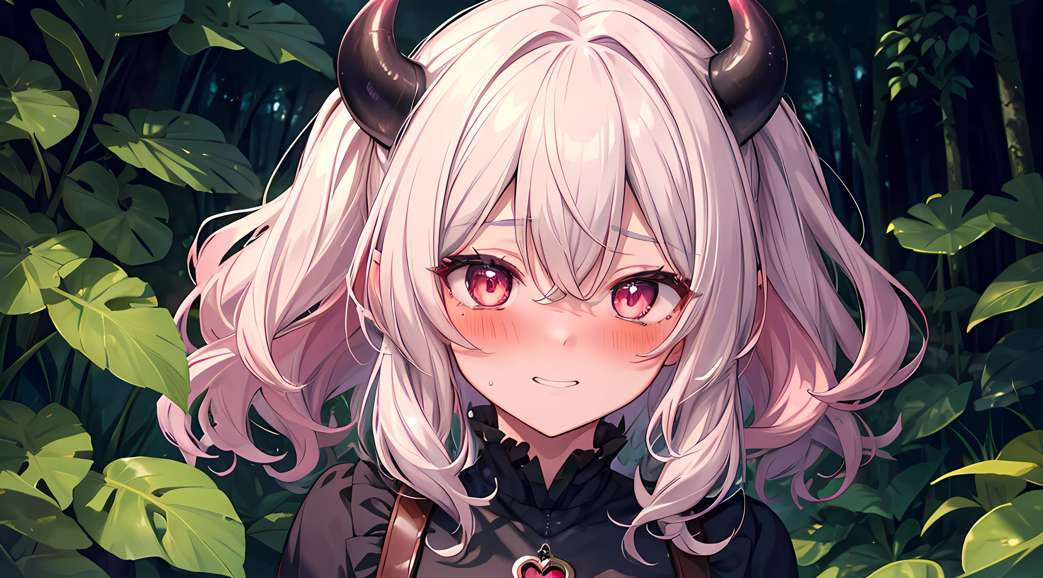 (1 demon girl), front lighting, (detailed face), masterpieces, 8k, ultra HD, succubus outfit, walking in forest on daytime, gray hair, curly hair, (blushing: 1.5), toothy smile, heart eyes, front lighting