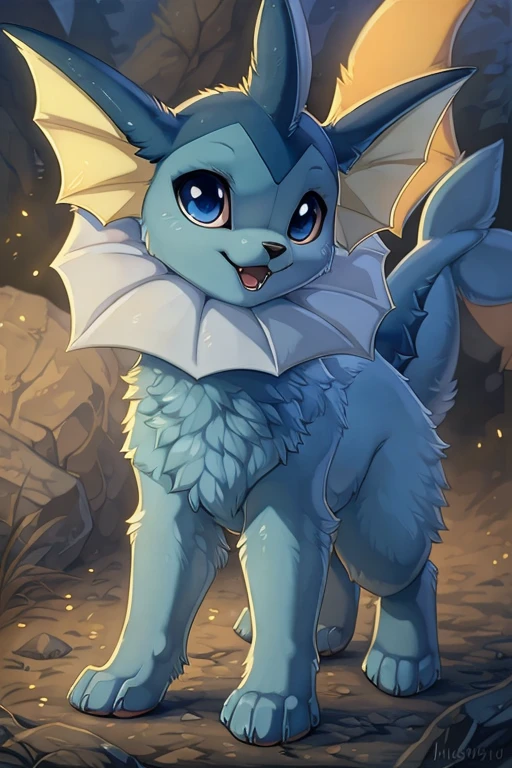 [by Hioshiru],furry, Feral, Pokemon, Long fluffy hair, Vaporeon with Blue fur, Dark blue eyes, Curious,mouth open, canine paws, paws for hands, short height, shortstack, crawling, heavy, walkies, perk