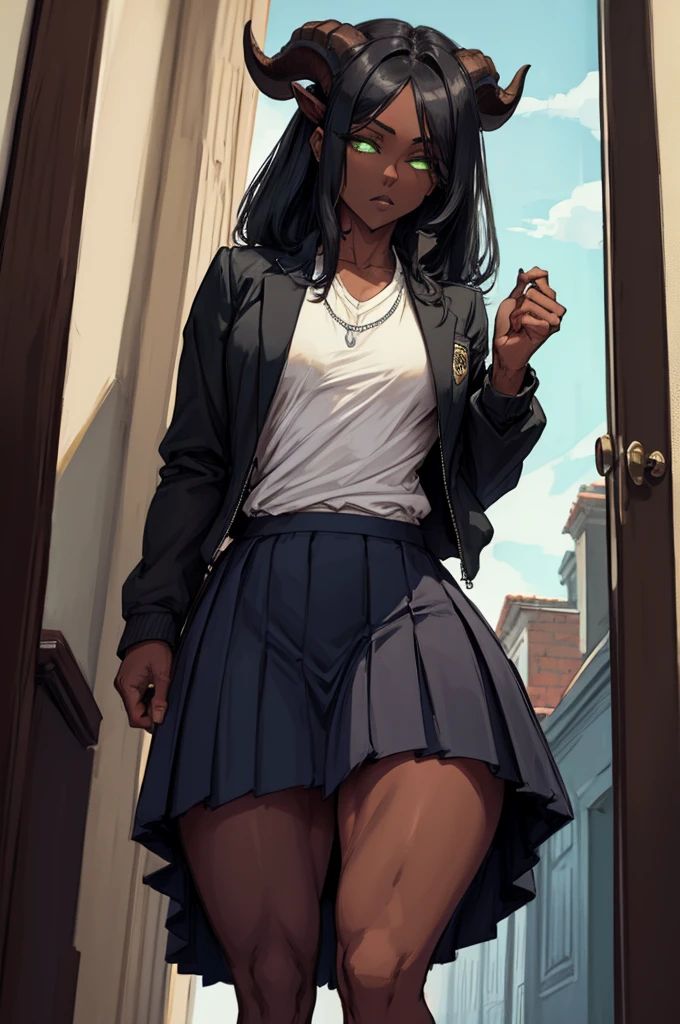(Masterpiece) (High Detail) (High Res) (Black Skin) Looking from below A young teenage black humanoid girl with dark skin and ebony flesh and green eyes and short black hair and goat ears and short dark goat horns and a toned teen body and average to small breasts and erect horse penis dressed in a schoolgirl outfit wearing a pleated skirt and a school jacket at an academy in the halls showing off her erection