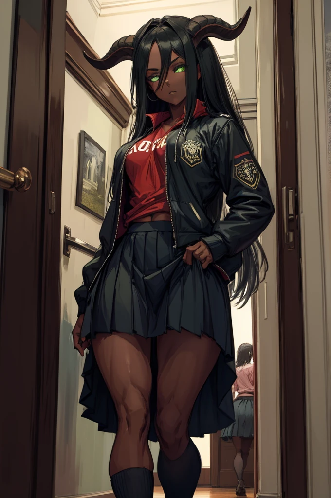 (Masterpiece) (High Detail) (High Res) (Black Skin) Looking from below A young age black humanoid girl with dark skin and ebony flesh and green eyes and short black hair and goat ears and short dark goat horns and a toned teeny and average to small breasts and erect horse penis dressed in a schoolgirl outfit wearing a pleated skirt and a school jacket at an academy in the halls showing off her erection