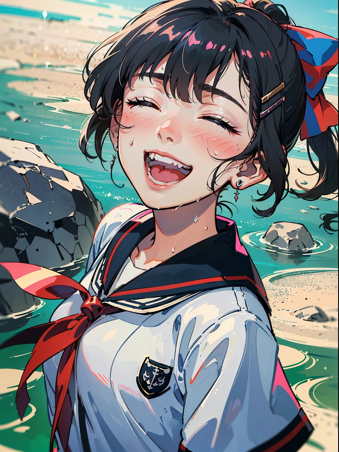 ((((Sharp focus，Vaporwave,closed eyes,opened mouth,laughing,happy,sweaty skin,))))((playing guitar,))(Masterpiece illustration,Beautiful and aesthetic:1.2,aim to viewers,from above), Best quality,Top quality, Epic quality,((((pond,))))(Sun glare, god light,))Neat face,underage,Young,Beautiful detailed hair，black hair，hyper HD, retinas, Textured skin, A high resolution, 16k ，((hairclip,blunt bangs,long sidelocks,short hair,Large bow on ponytail)),Detailed face, 1JK, 1girl,Solo, Perfect face, Very amazing girl,(black sailor uniform,White sailor tie at front),rim-light,((rock and roll))