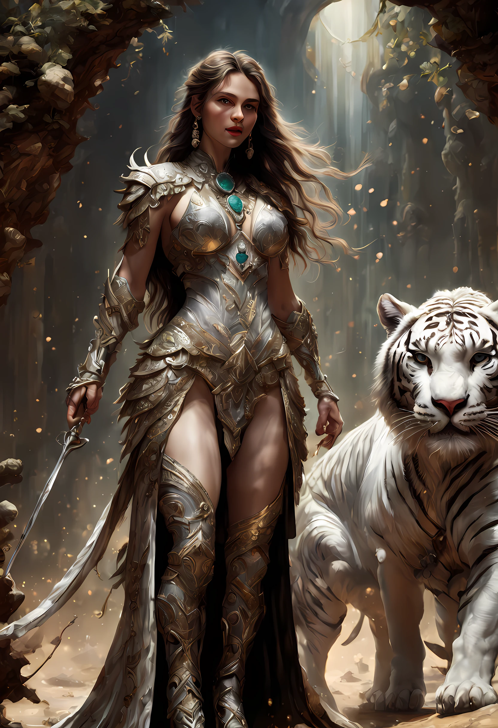 high details, best quality, 16k, RAW, [ultra detailed], masterpiece, best quality, (extremely detailed), dynamic angle, ultra wide shot, RAW, photorealistic, fantasy art,, rpg art, realistic art, a wide angle picture of a female human druid and her pet white tiger, priest of nature, cleric of nature, full body, [[anatomically correct]]. knelling woman (1.5 intricate details, Masterpiece, best quality) talking to a  white tiger (intricate details, Masterpiece, best quality: 1.5) in desert  (intricate details, Masterpiece, best quality: 1.5), a female  wearing leather clothes ( (intricate details, Masterpiece, best quality: 1.4) leather boots, thick hair, long hair, brown hair, tan skin intense brown eyes, desert background (intense details), a stream flowing in an oasis ( (intricate details, Masterpiece, best quality: 1.5), night, moon light, stars ( (intricate details, Masterpiece, best quality: 1.5)), dynamic angle,  (intricate details, Masterpiece, best quality: 1.5)), high details, best quality, highres, ultra wide angle, drkfntasy