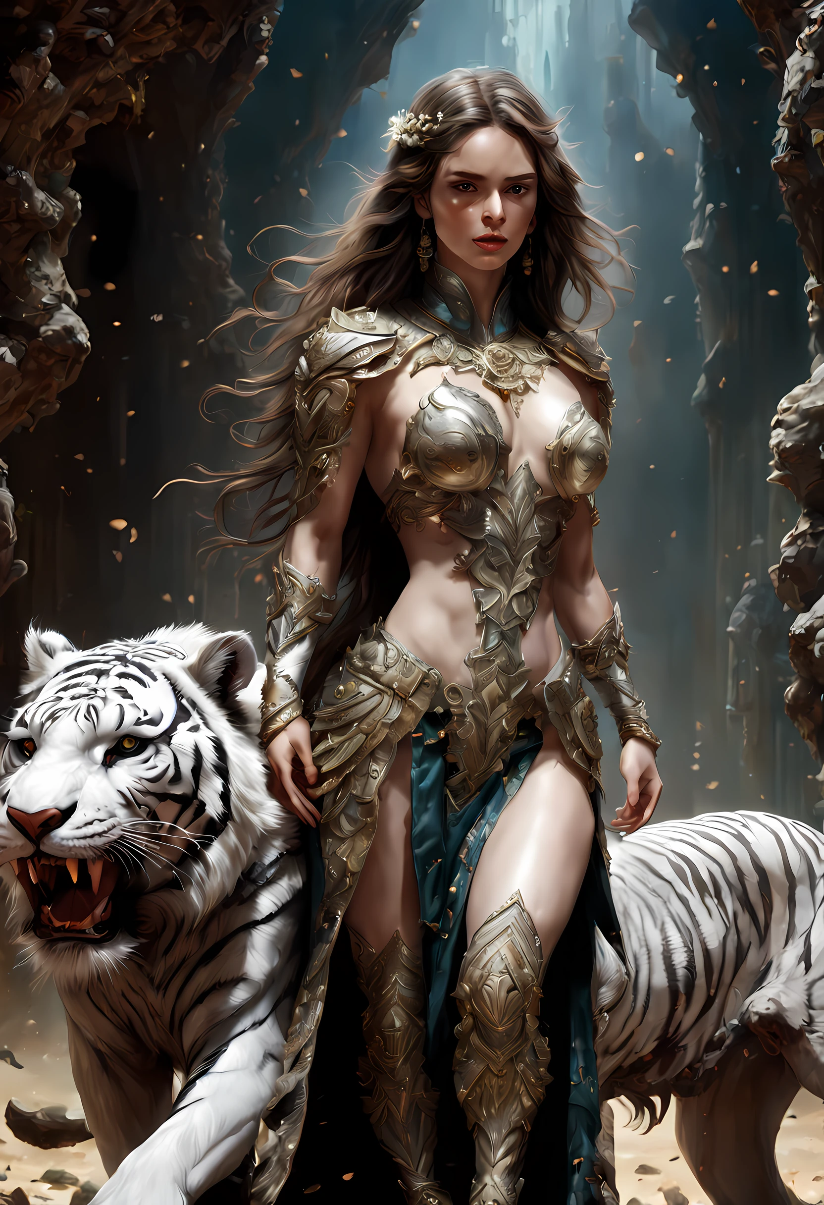 high details, best quality, 16k, RAW, [ultra detailed], masterpiece, best quality, (extremely detailed), dynamic angle, ultra wide shot, RAW, photorealistic, fantasy art,, rpg art, realistic art, a wide angle picture of a female human druid and her pet white tiger, priest of nature, cleric of nature, full body, [[anatomically correct]]. knelling woman (1.5 intricate details, Masterpiece, best quality) talking to a  white tiger (intricate details, Masterpiece, best quality: 1.5) in desert  (intricate details, Masterpiece, best quality: 1.5), a female  wearing leather clothes ( (intricate details, Masterpiece, best quality: 1.4) leather boots, thick hair, long hair, brown hair, tan skin intense brown eyes, desert background (intense details), a stream flowing in an oasis ( (intricate details, Masterpiece, best quality: 1.5), night, moon light, stars ( (intricate details, Masterpiece, best quality: 1.5)), dynamic angle,  (intricate details, Masterpiece, best quality: 1.5)), high details, best quality, highres, ultra wide angle, drkfntasy