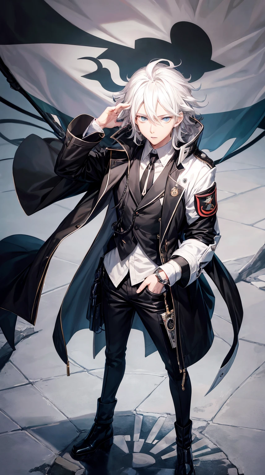 anime guy with white hair and a black jacket with a flag on it, nagito komaeda, official art, key anime art, makoto kano, !!full body portrait!!, full body portrait of a short!, tall anime guy with blue eyes, official anime artwork, young anime man, high quality portrait, 2022 anime style