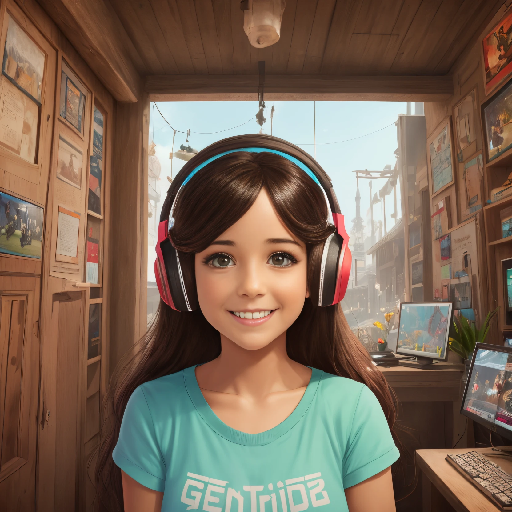 young girl of approximately 30 years, de piel morena cabello ondulado, sentada en la computadora, sonriendo con audifonos gamer, Looking straight at the camera, calidad de imagen, estilo pixar ultra realista --auto --s2