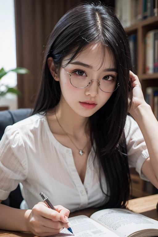 16yo woman， brunette color hair， Short ponytail，  thin frame glasses， Thinking face， （Wear an open button shirt， Medium breasts with）， Sat down， Learn， BREAK BREAK BREAK， lying on the table， Take a pencil， opened book， book， glass of milk， table light， BREAK BREAK BREAK， in living room， Wall decoration， Mini library， glass window， wall clock， BREAK BREAK BREAK， cinematric light， realisticlying， tmasterpiece， Best quality at best， Complex CG，Highly detailed face，High detail eyes，