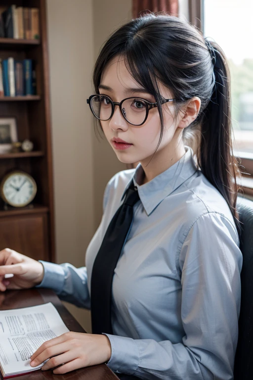 16yo woman, brunette color hair, Short ponytail, transparent thin frame glasses, Thinking face, (Wear an open button shirt, Medium breasts with), Sat down, Learn, BREAK BREAK BREAK, lying on the table, Take a pencil, opened book, book, glass of milk, table light, BREAK BREAK BREAK, in living room, Wall decoration, Mini library, glass window, wall clock, BREAK BREAK BREAK, cinematric light, realisticlying, tmasterpiece, Best quality at best, Complex CG,Highly detailed face,High detail eyes,