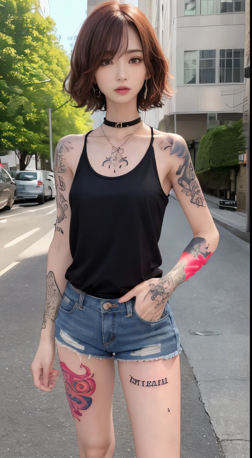 ((medium breast, tomboy girls, small head)),  (chiseled abs : 1.1), (perfect body : 1.1), (short wavy hair : 1.2) , auburn hair, collar, chain, full body shot, crowded street, wearing black tanktop, jeans jacket, (torn clothes:1.3)((shorts)), (extremely detailed CG 8k wallpaper), (an extremely delicate and beautiful), (masterpiece), (best quality:1.0), (ultra highres:1.0),  beautiful lighting ,perfect lightning, realistic shadows, [highres], detailed skin, ultra-detailed (((colorful))),(tattoo all:1.5),