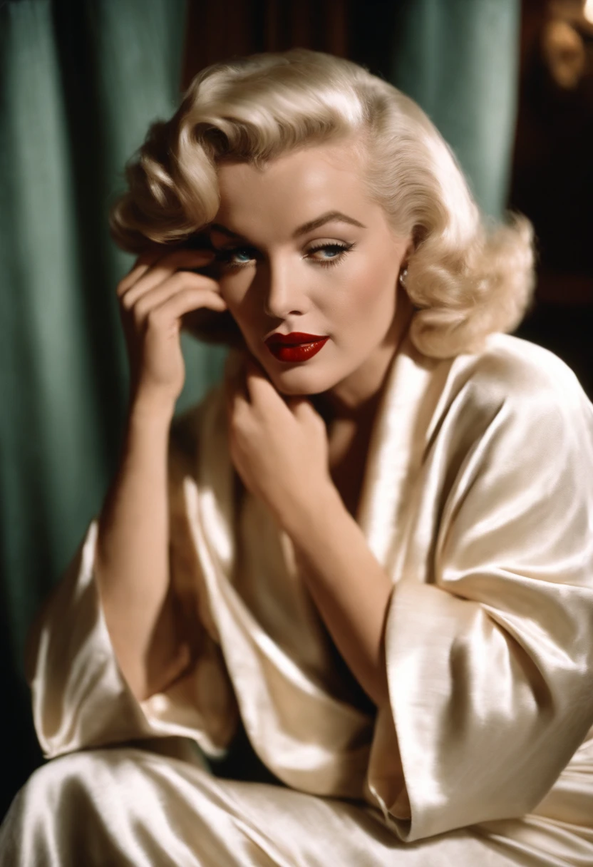 (Marilyn Monroe (age 25) sheer night gown open, no underwear) playfully posing on the couch. she is warm and inviting. Oil painting
