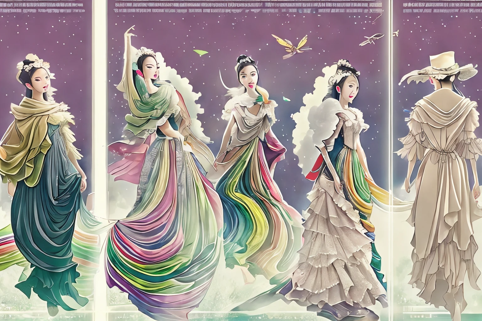 The gods in the clouds make clothes from rainbows,Treat the breeze as a horse,Came down one after another。