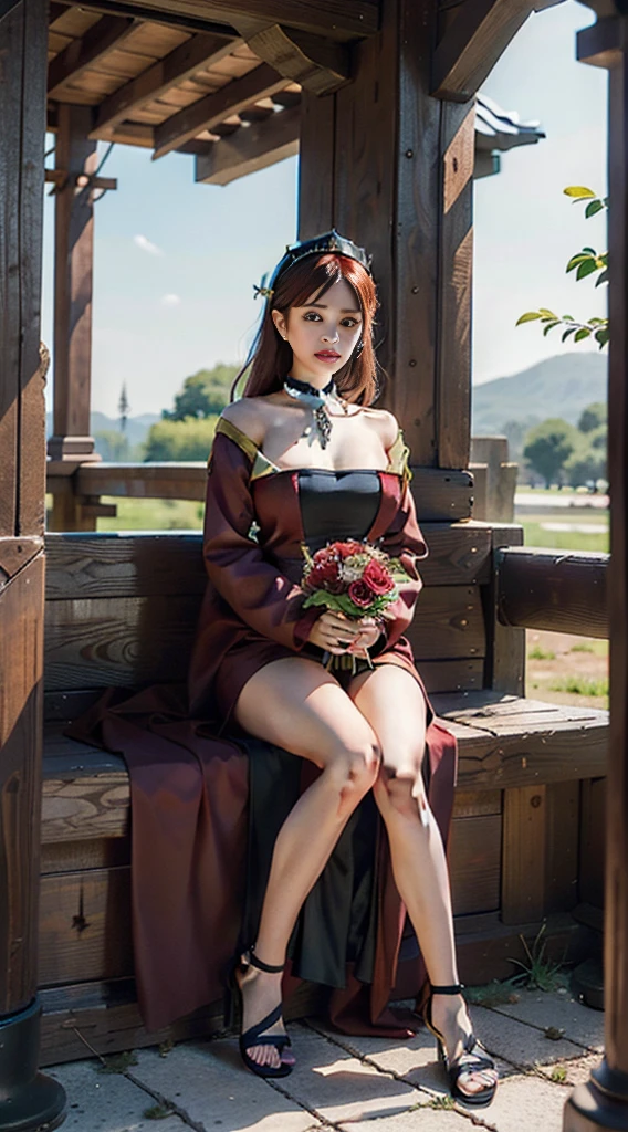 sitting straight symmetrical, sitting on grass, full body, solo girl looking to the camera, cow bell choker, metal sandals, , anime girl with red hair and red dress holding a bouquet, beautiful celestial mage, beautiful character painting, extremely detailed artgerm, beautiful and elegant elf queen, wlop rossdraws, 8k high quality detailed art, fantasy art style, anime fantasy illustration, by Yang J, detailed fantasy art, fanart best artstation, wlop and rossdraws, big breast, red long hair, red dress