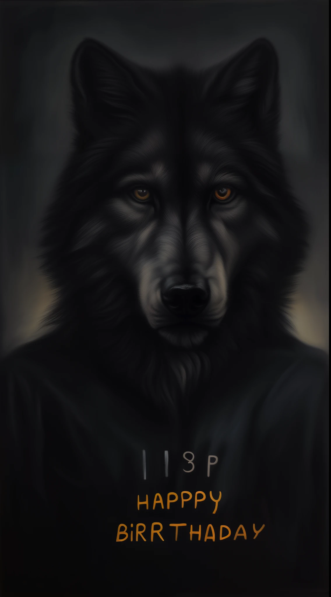 (a furry wolf staring at the viewer, looking sad, celebrating his birthday alone, wearing a birthday shirt, expressing sadness, new age, 23 years old), (oil painting), (detailed fur, realistic eyes), (best quality, highres), (dark and moody color palette), (soft and dramatic lighting)