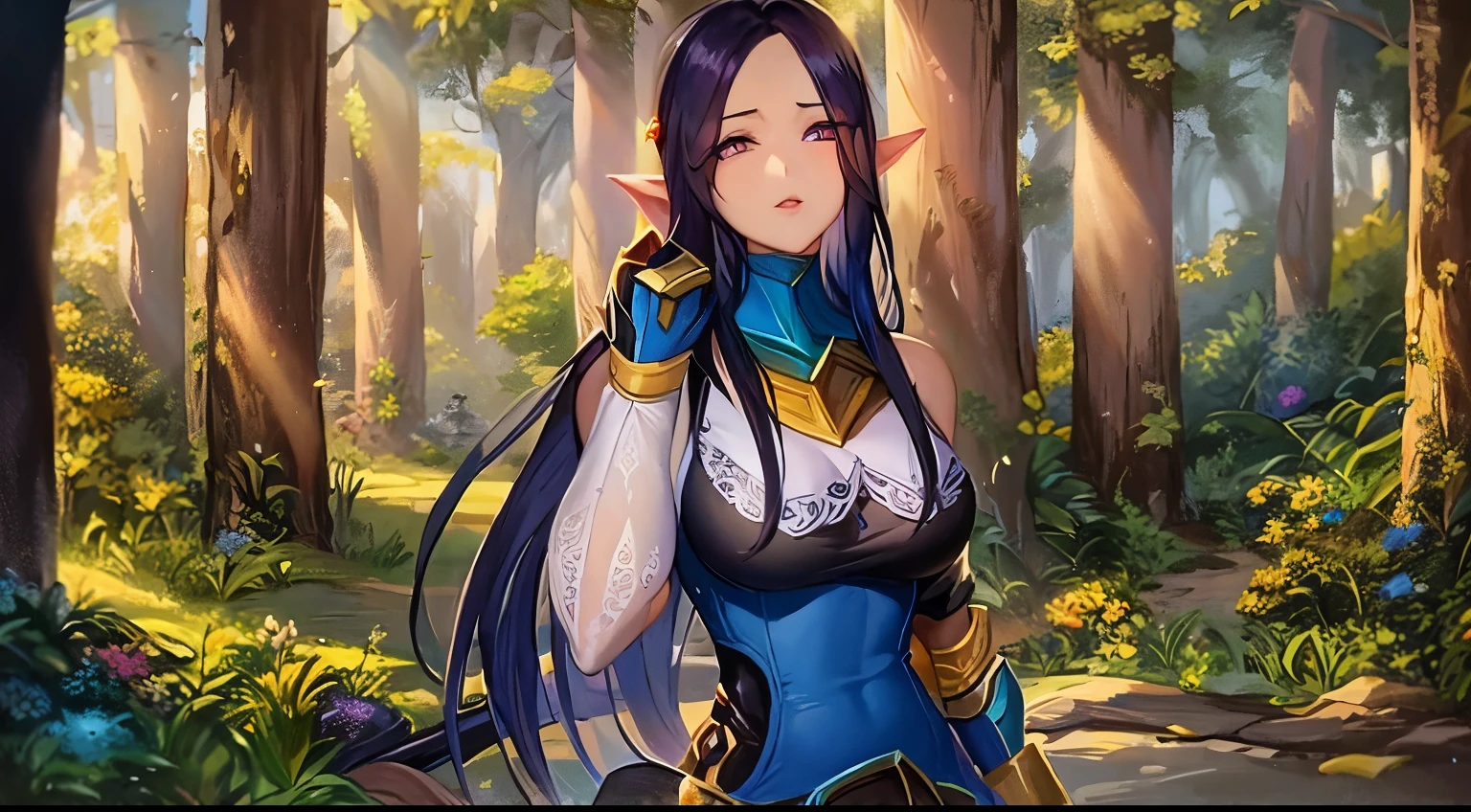 garota anime com vestido roxo e longos cabelos pretos na floresta, Cavaleiro elfo sedutor da princesa, (((louco))) Princesa elfa, princesa elfo escuro, cel - estilo de arte sombreado, wearing shiny breastplate, elfo princesa cavaleiro, Natalie de Epic Battle Fantasy, Donzela elfa negra, Irelia de League of Legends, Elfo Negro, a sexy maid in a magical forest, Elfo centrado