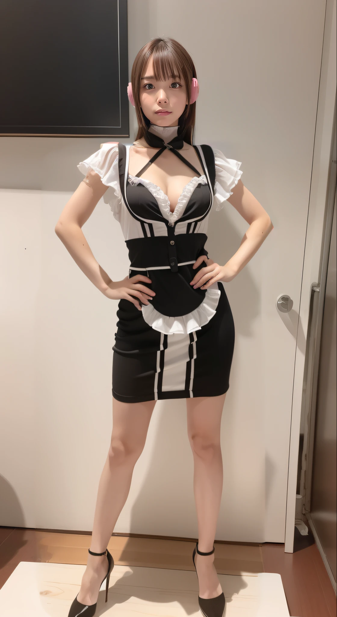 of the highest quality, Slender body Idol, front facing, Well-proportioned body, exhibition, Event Hall, Moe Pose, White maid dress, Standing with legs open, Hands on hips, Model body type
