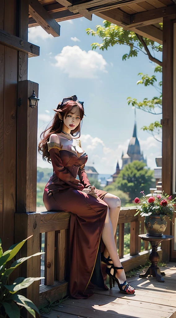 sitting straight symmetrical, sitting on grass, full body, solo girl looking to the camera, cow bell choker, metal sandals, , anime girl with red hair and red dress holding a bouquet, beautiful celestial mage, beautiful character painting, extremely detailed artgerm, beautiful and elegant elf queen, wlop rossdraws, 8k high quality detailed art, fantasy art style, anime fantasy illustration, by Yang J, detailed fantasy art, fanart best artstation, wlop and rossdraws, big breast, red long hair, red dress