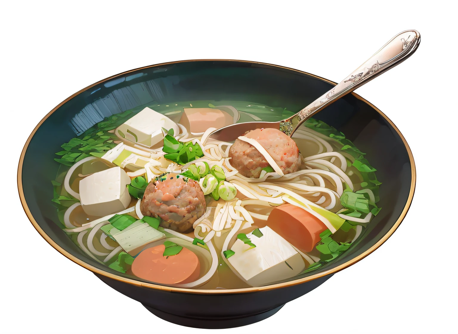 A bowl of meatball soup and a spoon, Super realistic food pictures, guweiz, high detail digital painting, very detailed digital painting, Real photos of delicious pho, A masterpiece by Guwitz, Produced by Anime Painter Studio, giant river, digital painting very detailed, soft digital painting, Anime food, highly detailed digital painting, detailed digital painting