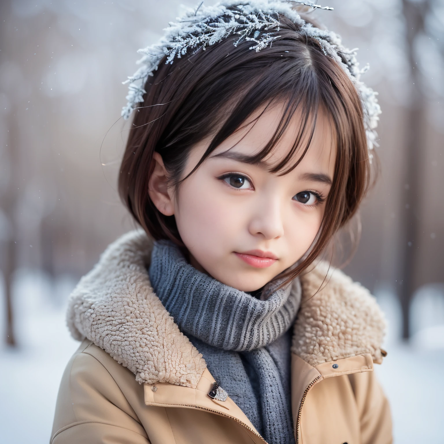 Best-quality, Masterpiece, Ultra-High-Resolution, (Photorealistic:1.4), Raw-Photo, Extremely-Details, Perfect-Anatomy,
in winter schoolyard,
1girl, the most popular Japanese idol, (wearing Japanese high-school winter uniform, muffler with cute design), face focus, close-up, innocent smile, looking at viewer,
extremely cute face like a most famous Japanese idol, extremely beautiful big black solid eyes, extremely beautiful blonde short-cut-haired, extremely beautiful realistic white skins, extremely beautiful wet lips,
detailed Japanese high-school winter uniform, detailed muffler with cute design