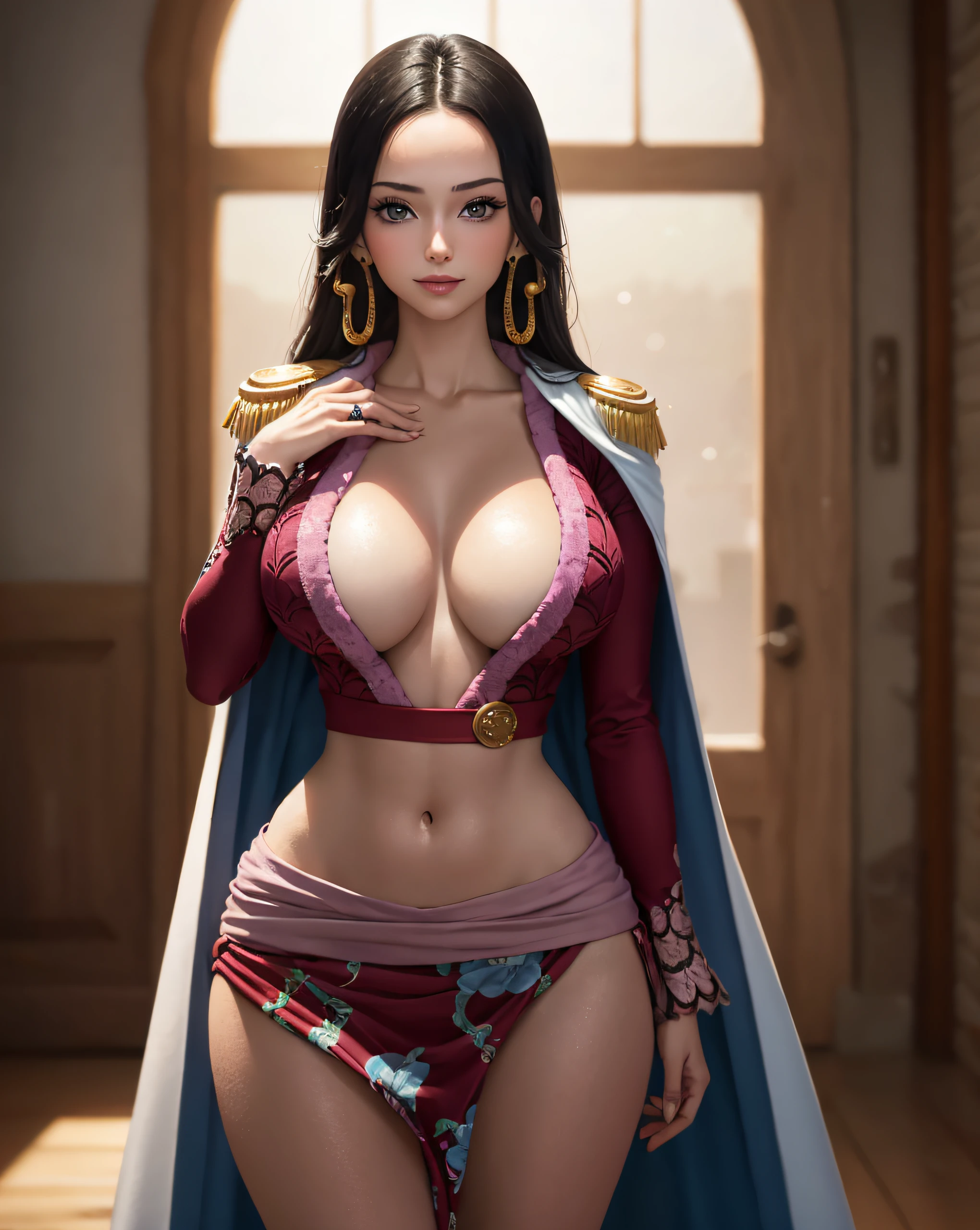 (masterpiece, best quality:1.2), cowboy shot, solo, 1girl, boa hancock, smile, looking at viewer, hand on breast, cape, epaulettes, cleavage, jewelry, earrings, midriff ,NSFW, official art, extremely detailed CG unity 8k wallpaper, perfect lighting, (masterpiece:1.0),(best_quality:1.0), ultra high res,4K,ultra-detailed, photography, 8K, HDR, highres, absurdres:1.2, Kodak portra 400, blurry background, bokeh:1.2, lens flare, (vibrant_color:1.2),(beautiful_face:1.5),(narrow_waist),(perfect hands, perfect anatomy), very huge breasts, very wide hips, slim waist, curvy, on a pirate ship