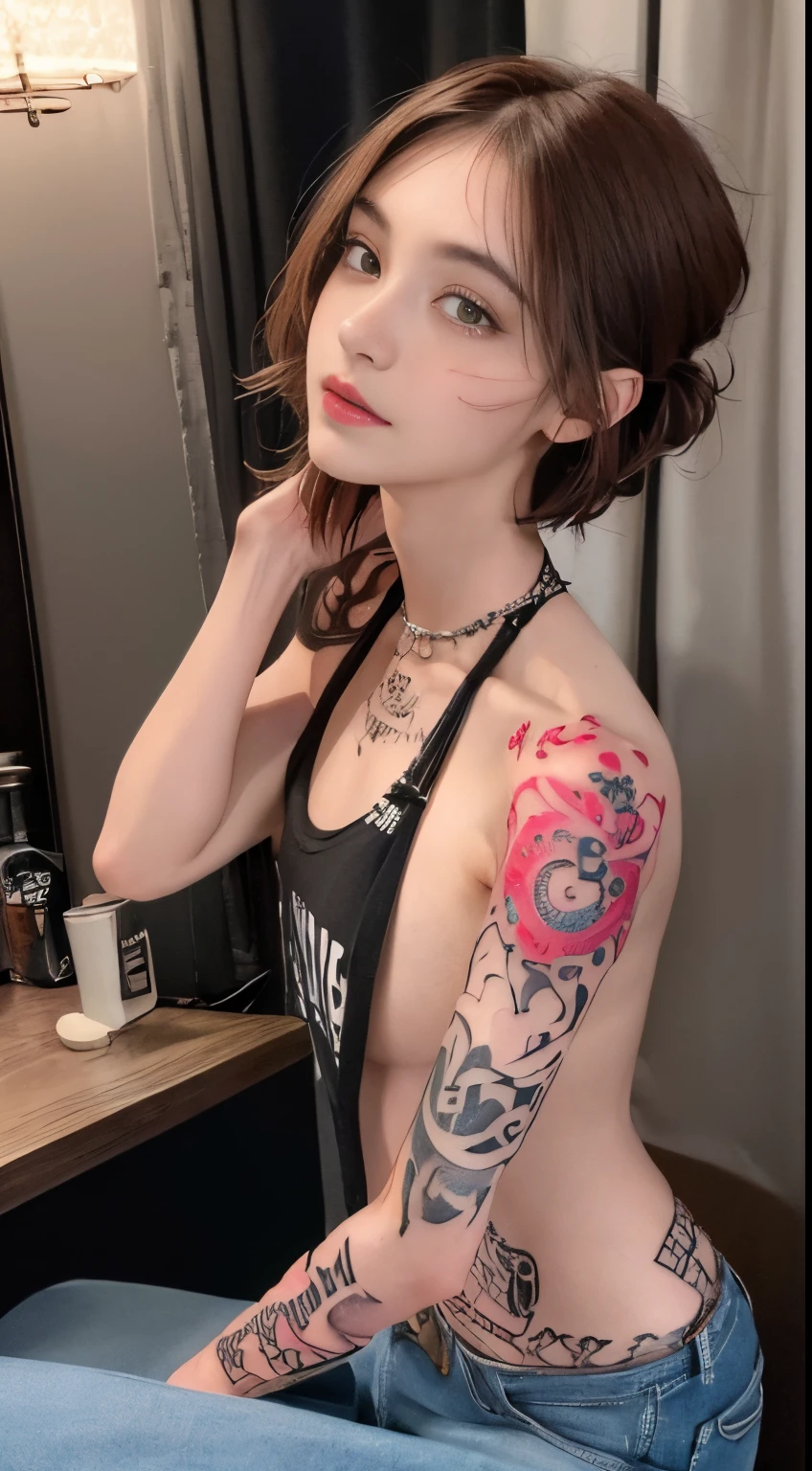 ((medium breast, tomboy girls, small head)),  (chiseled abs : 1.1), (perfect body : 1.1), (short wavy hair : 1.2) , auburn hair, collar, chain, full body shot, crowded street, wearing black tanktop, jeans jacket, (torn clothes:1.3)((shorts)), (extremely detailed CG 8k wallpaper), (an extremely delicate and beautiful), (masterpiece), (best quality:1.0), (ultra highres:1.0),  beautiful lighting ,perfect lightning, realistic shadows, [highres], detailed skin, ultra-detailed (((colorful))),(tattoo all:1.5),