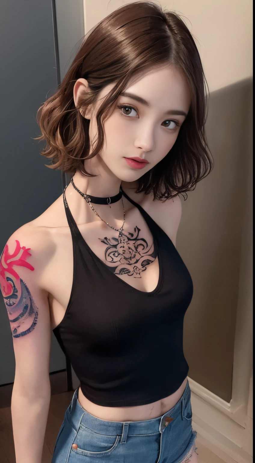 ((medium breast, tomboy girls, small head)),  (chiseled abs : 1.1), (perfect body : 1.1), (short wavy hair : 1.2) , auburn hair, collar, chain, full body shot, crowded street, wearing black tanktop, jeans jacket, (torn clothes:1.3)((shorts)), (extremely detailed CG 8k wallpaper), (an extremely delicate and beautiful), (masterpiece), (best quality:1.0), (ultra highres:1.0),  beautiful lighting ,perfect lightning, realistic shadows, [highres], detailed skin, ultra-detailed (((colorful))),(tattoo all:1.5),