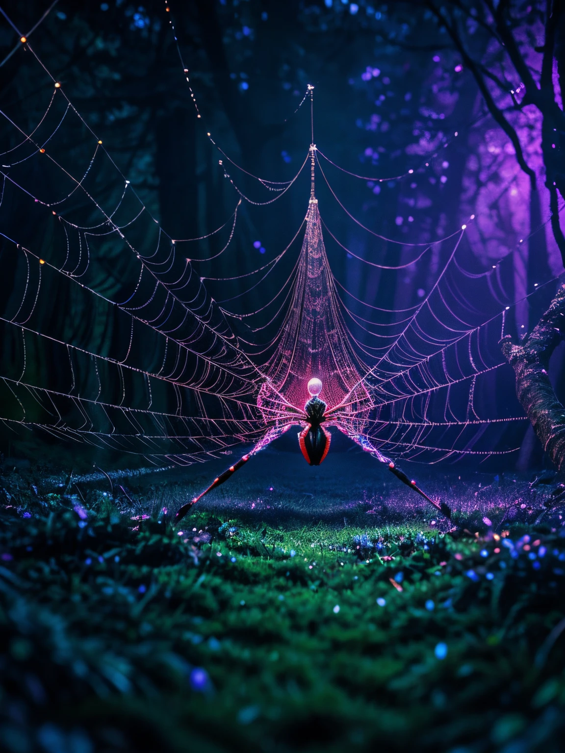 Zeta pixel portrait, spider spinning web, dark forest, hyper detailed image, vibrant colors, intricate details, sharp focus, high-resolution, realistic lighting, cold atmosphere, ethereal beauty, mesmerizing patterns, masterful craftsmanship, magical artistry