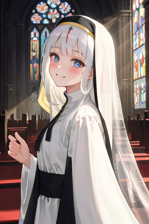 Only the upper body naked, Grinning smile,nude,masterpiece, best quality, ultra-detailed, extremely detailed, beautiful, extremely detailed CG 8k wallpaper, ultra detailed background, bloom effect, holylight, light rays, strong light coming in, deep shadows, church background, kawaii girl, dynamic angle, upper body, 1girl, solo, cute face, beautiful detailed eyes, beautiful detailed hair, nun cassock clothing, priest, milky white hair, expressionless, insanely detailed nun cassock clothing,