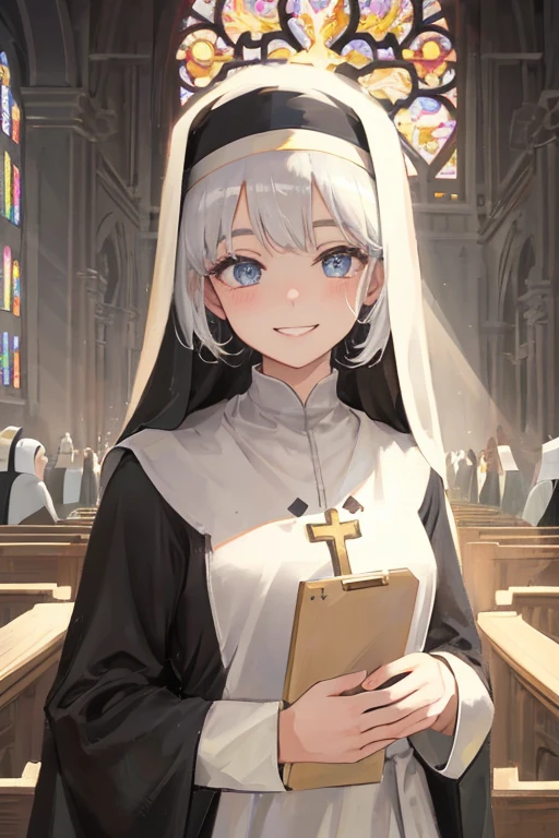 Only the upper body naked, Grinning smile,nude,masterpiece, best quality, ultra-detailed, extremely detailed, beautiful, extremely detailed CG 8k wallpaper, ultra detailed background, bloom effect, holylight, light rays, strong light coming in, deep shadows, church background, kawaii girl, dynamic angle, upper body, 1girl, solo, cute face, beautiful detailed eyes, beautiful detailed hair, nun cassock clothing, priest, milky white hair, expressionless, insanely detailed nun cassock clothing,