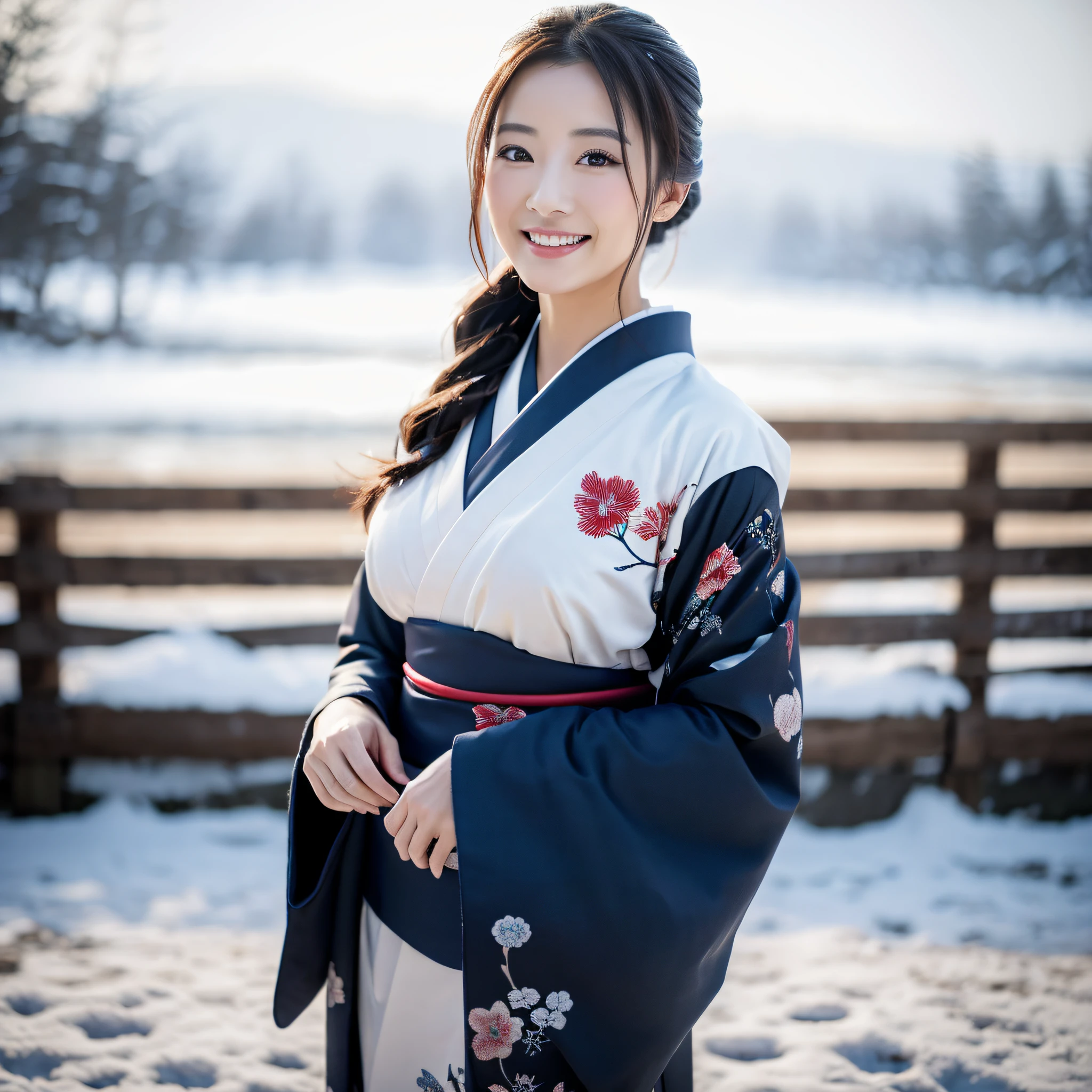 (Super beautiful woman in kimono)、((best qualtiy、8k masterpieces:1.3))、foco nítido:1.2、(ultra beautiful faces:1.0)、(shinny skin:1.0)、photos realistic、A dark-haired、Video Lighting、High-definition eyes and face、Video Lighting、Japanese actressl、from the front side、medium breasts、With a happy smile、Slender Abs Beauty、Whole body、wearing kimonos、In a snowy landscape in the middle of winter、highest grade obi