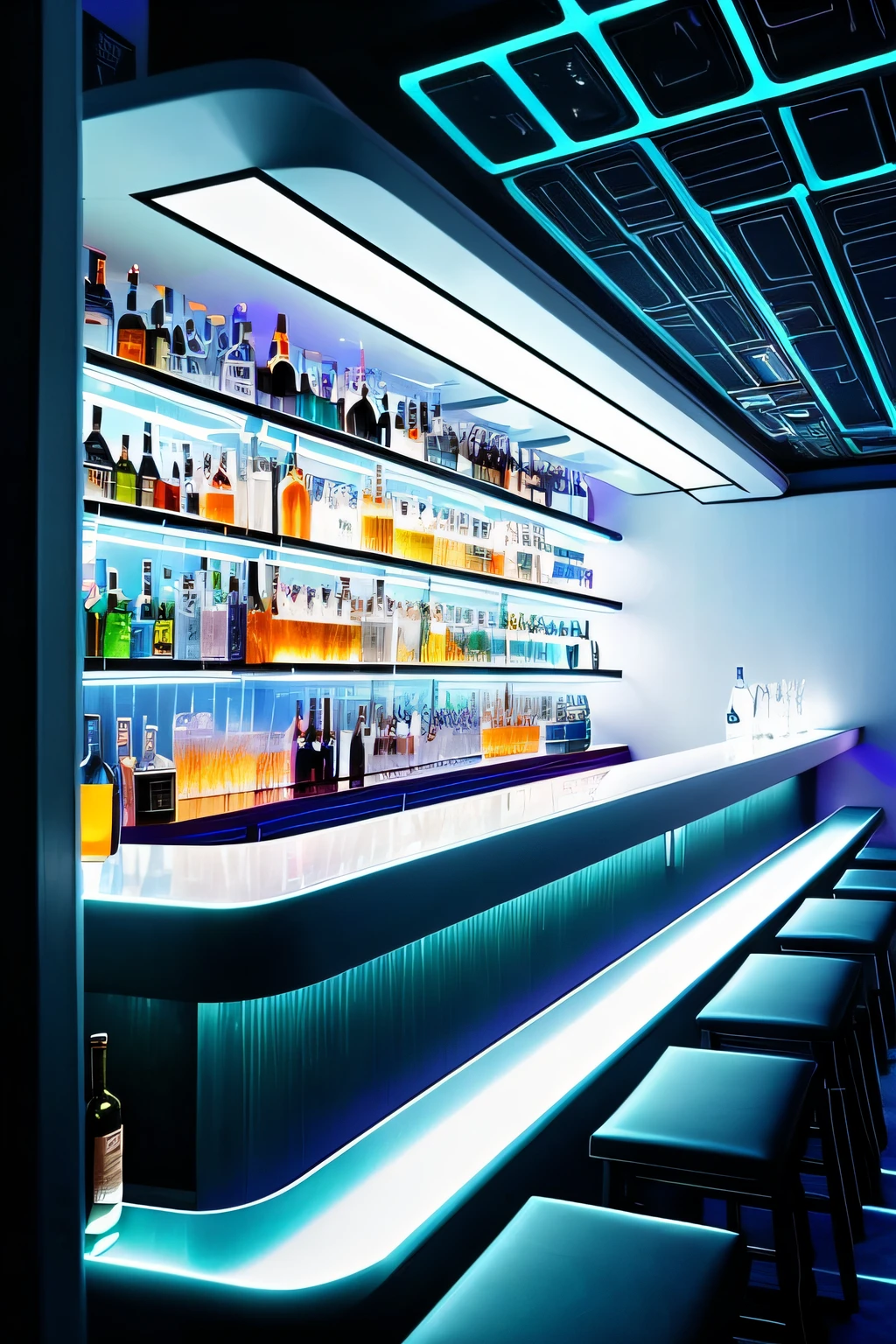 Close-up of bar,There are many bottles on the shelf, Riman, cocktail bar, Standing in the Starry Sky Bar, nightclub, background bar, nightclub, Inside the bar, futuristic lighting, commercial lighting, background bar, futuristic laboratory, club lighting, futuristic decor, futuristic interior, Very futuristic, Nice lighting, futuristic room, futuristic vibe