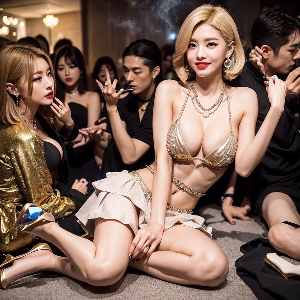 (japanes、1womanl、short-cut、a blond)、(Lie down and open legs)、(Pouty figure:1.2)、Golden micro mini with frills、(Clearly visible cleavage)、(large boob:1.2)、(Beautiful hands、beautiful nails、red lipsticks、a smile)、(耳环、Katyusha、gyuru、a necklace、piercings、Pedras preciosas、diamond)、fancy stiletto heels、Crowded taverns、Crowds、Smoking