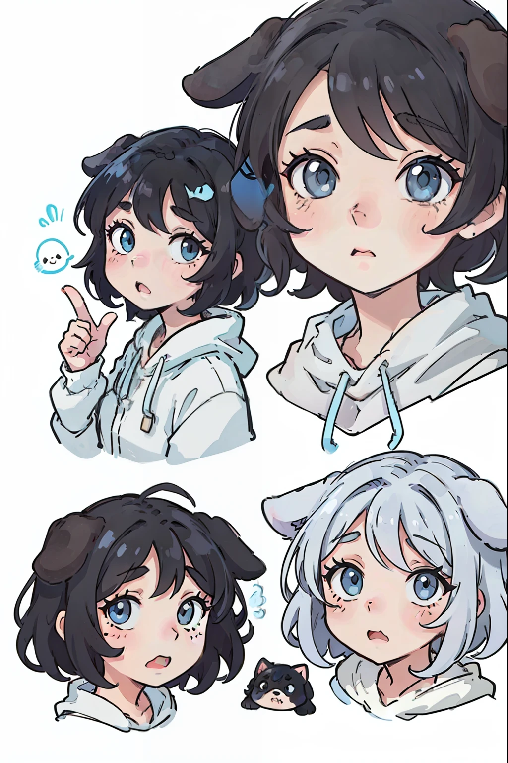 Cute puppy,black color hair,dog ears,light blue eyes,all kinds of expressions,having fun,Expressing the,adorable eyes,white BE, illustration nii 5 style cute, emoji as illustration set, It has a bold comic line style,
Dynamic pose deep white,,F/64 group,related characters,old meme kernel