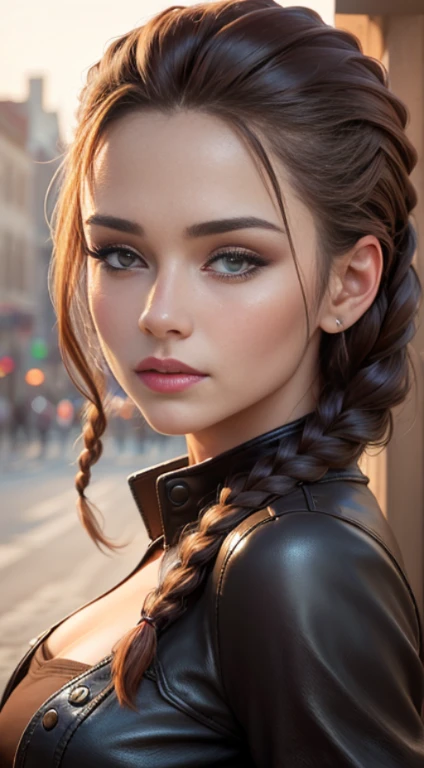 quality (photo realistic style, UHD, 16k, textured leather, hight resolution), a portrait of a beautiful woman, The perfect female face, hair two braids