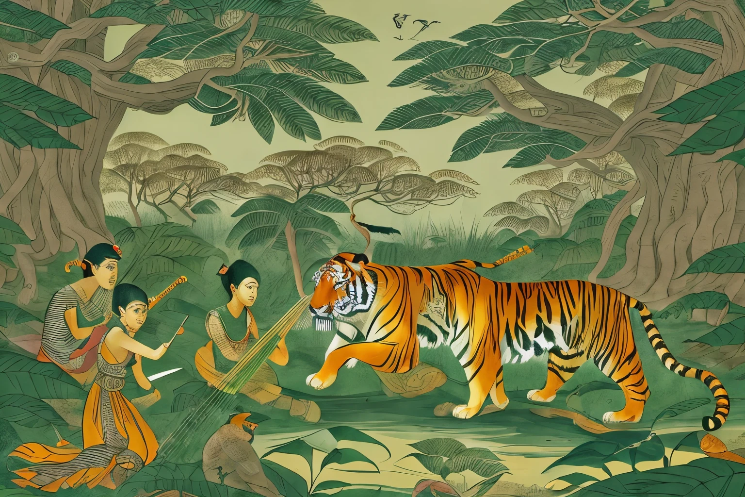 The tiger plays the harp,The Luan bird drives the car,Immortals gather in groups as densely as dense trees