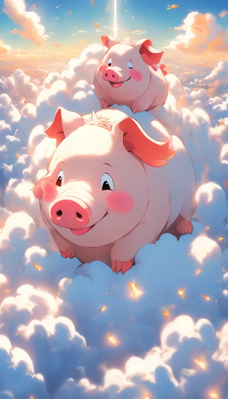 (Best quality,4K,high resolucion),(Realstic:1.37),Couleurs vives,mise au point nette,Rendu physique,Ultra-detailed,nuages faits cochon,great animation,ocean of nuages,cochon espiègle,Nuages moelleux,Nuages en forme de cochon,nuages blancs gonfles,cochon dans le ciel,sunny skies,Ciel bleu,Nuages blancs,cochon souriant,cochon joyeux