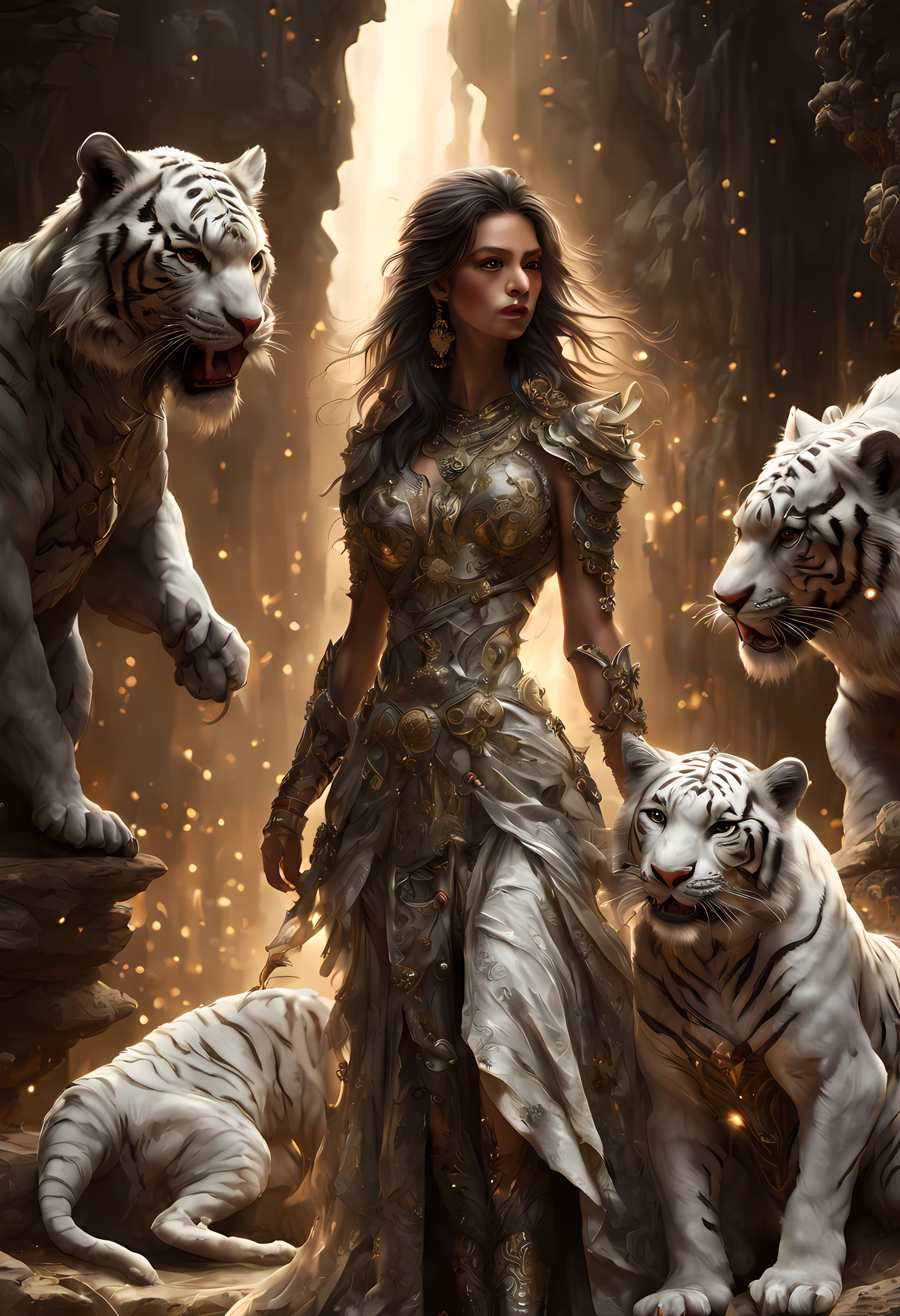 high details, best quality, 16k, RAW, [ultra detailed], masterpiece, best quality, (extremely detailed), dynamic angle, ultra wide shot, RAW, photorealistic, fantasy art,, rpg art, realistic art, a wide angle picture of a female human druid and her pet white tiger, priest of nature, cleric of nature, full body, [[anatomically correct]]. knelling woman (1.5 intricate details, Masterpiece, best quality) talking to a  white tiger (intricate details, Masterpiece, best quality: 1.5) in desert  (intricate details, Masterpiece, best quality: 1.5), a female  wearing leather clothes ( (intricate details, Masterpiece, best quality: 1.4) leather boots, thick hair, long hair, brown hair, tan skin intense brown eyes, desert background (intense details), a stream flowing in an oasis ( (intricate details, Masterpiece, best quality: 1.5), night, moon light, stars ( (intricate details, Masterpiece, best quality: 1.5)), dynamic angle,  (intricate details, Masterpiece, best quality: 1.5)), high details, best quality, highres, ultra wide angle, drkfntasy