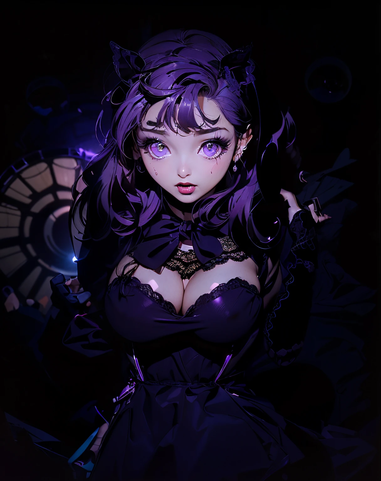 (ultra-detailed,photorealistic:1.2), HDR, professional, vivid colors, bokeh, 3D rendering, sexy curvy girl, solo, purple hair, ahegao face, big boobs, sensual, seductive pose, soft lighting, lace lingerie, high heels, boudoir photography, glamorous, confident expression, alluring gaze