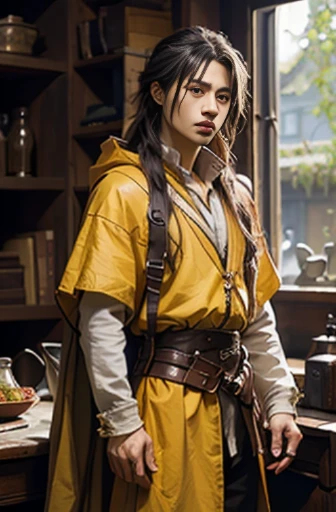 Handsome men ,RPG、Small eyes、tied up long hair、fantasy style clothing、yellow outfit、Yellow cloak、Black hair