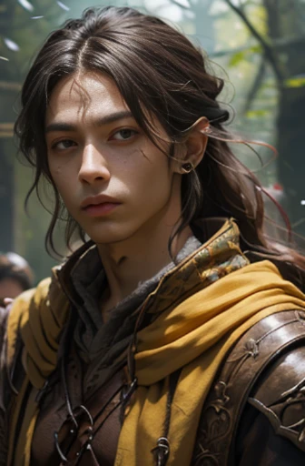 Handsome men ,RPG、Small eyes、tied up long hair、fantasy style clothing、yellow outfit、Yellow cloak、Black hair