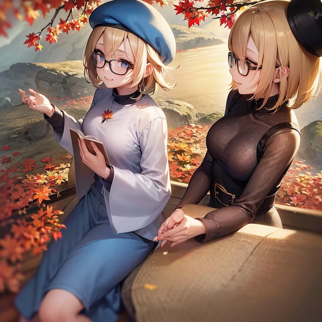 enjoy the autumn leaves in mountain, a one blond bob hair beautiful woman, glasses, look up eyes, twinkling Eyes, cute smile.head is wear a blue beret, tops is blue knit clothing, profile, (masterpiece:1.3).