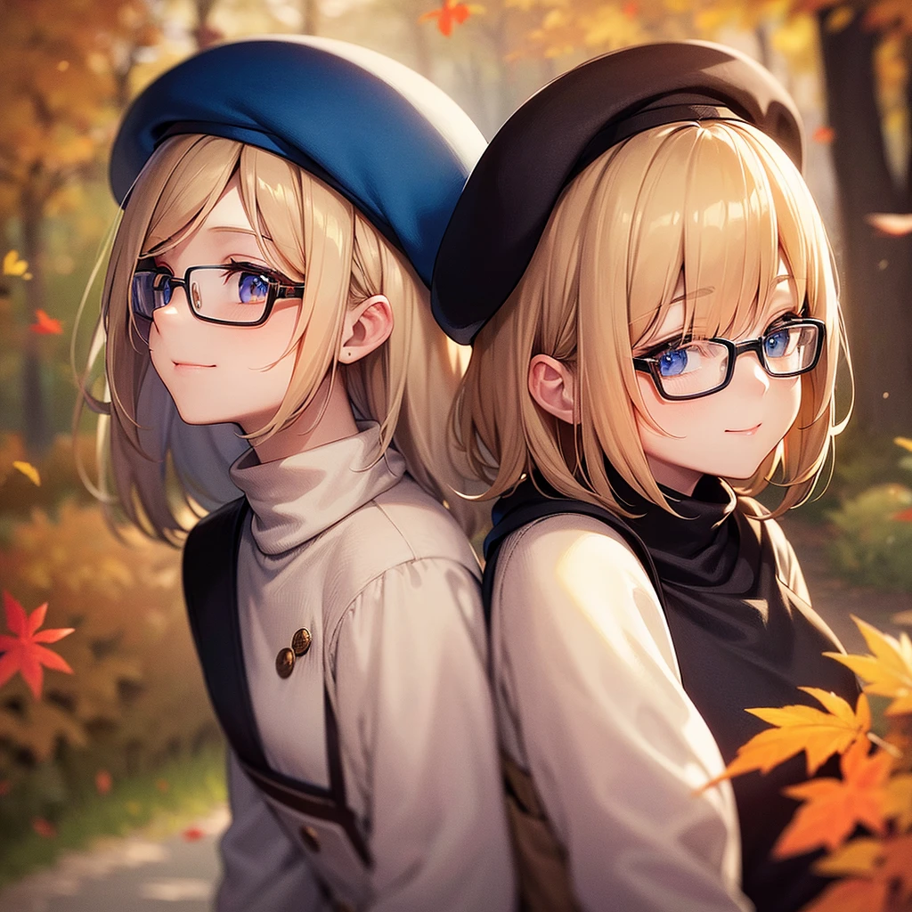 enjoy the autumn leaves in mountain, a one blond bob hair beautiful woman, glasses, look up eyes, twinkling Eyes, cute smile.head is wear a blue beret, tops is blue knit clothing, profile, (masterpiece:1.3).
