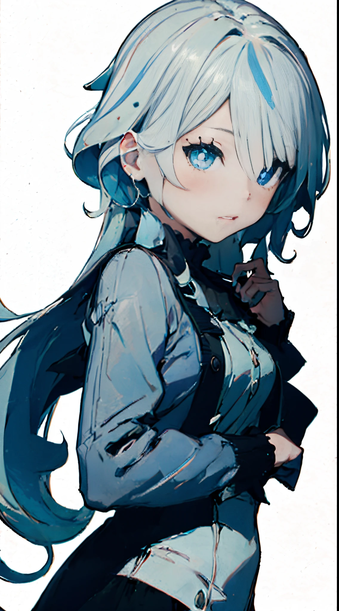 Masterpiece, best quality, genshin impact, 1 girl, furina, white hair, blue hair, cute, white backround, tear shaped pupils,