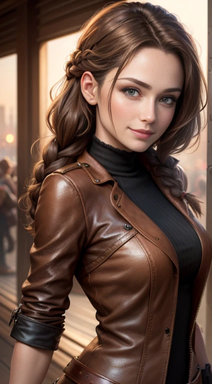 lucy pinder, face portrait, smiling, cleavage, short hair, brown hair, hair tied in a chignon, white blouse, black jacket, red lipstick.