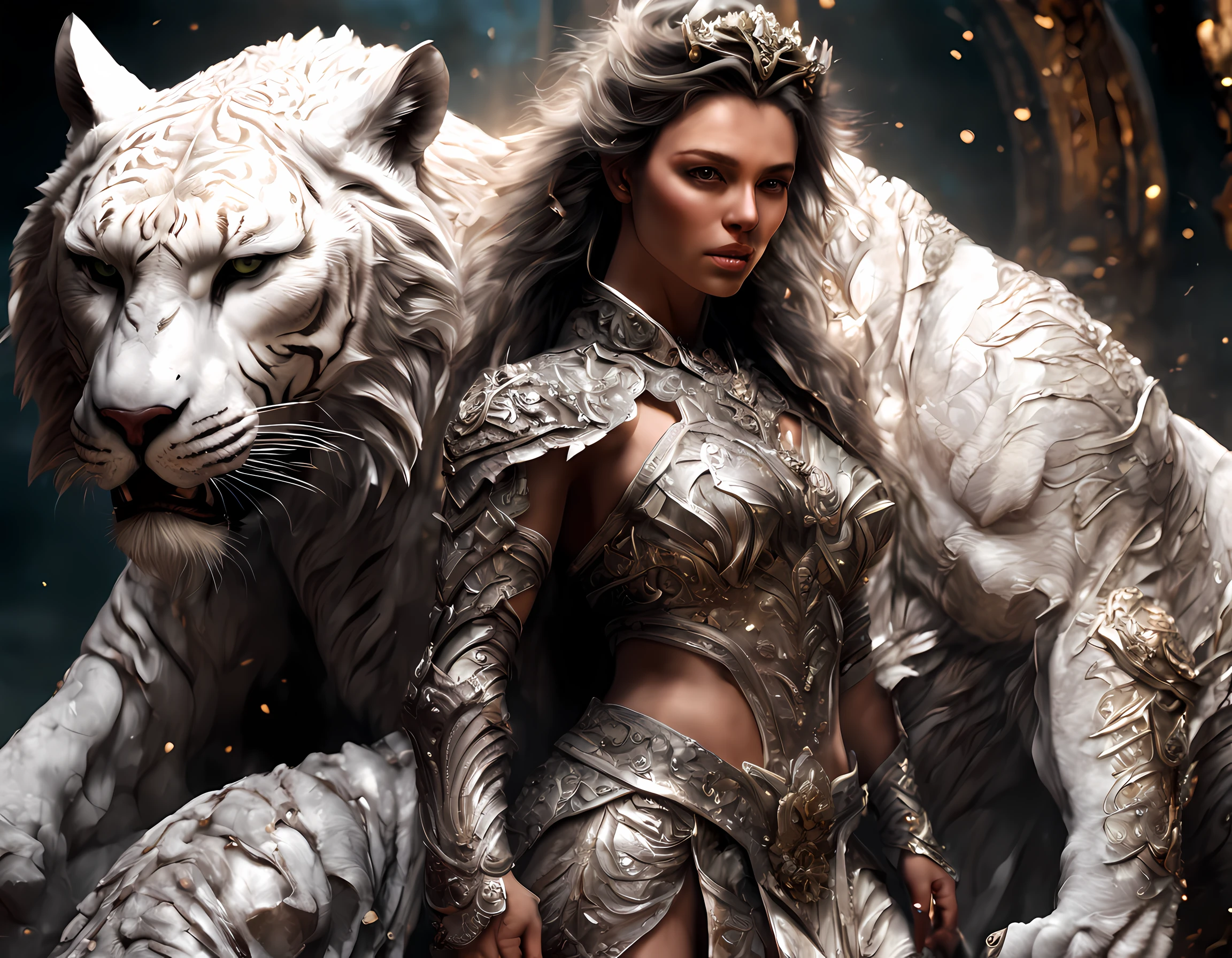 high details, best quality, 16k, RAW, [ultra detailed], masterpiece, best quality, (extremely detailed), dynamic angle, ultra wide shot, RAW, photorealistic, fantasy art,, rpg art, realistic art, a wide angle picture of a female human druid and her pet white tiger, priest of nature, cleric of nature, full body, [[anatomically correct]]. knelling woman (1.5 intricate details, Masterpiece, best quality) talking to a  white tiger (intricate details, Masterpiece, best quality: 1.5) in desert  (intricate details, Masterpiece, best quality: 1.5), a female  wearing leather clothes ( (intricate details, Masterpiece, best quality: 1.4) leather boots, thick hair, long hair, brown hair, tan skin intense brown eyes, desert background (intense details), a stream flowing in an oasis ( (intricate details, Masterpiece, best quality: 1.5), night, moon light, stars ( (intricate details, Masterpiece, best quality: 1.5)), dynamic angle,  (intricate details, Masterpiece, best quality: 1.5)), high details, best quality, highres, ultra wide angle, drkfntasy