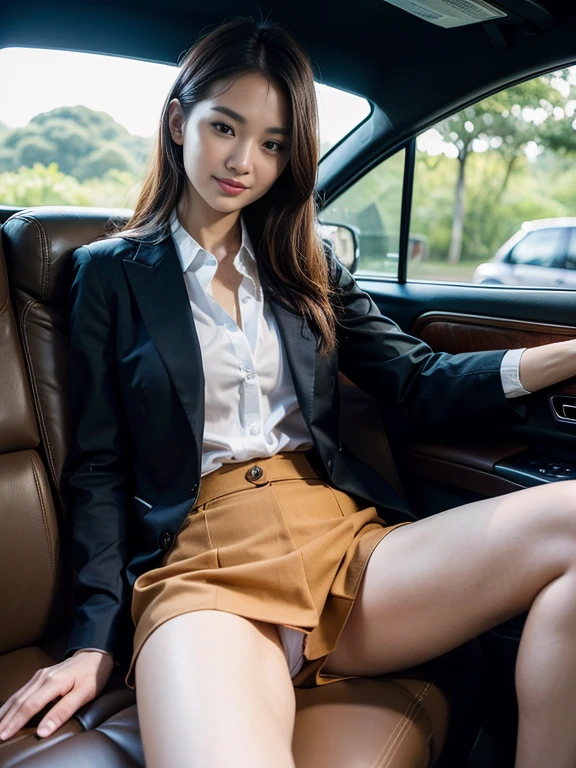 ((top-quality、in 8K、masterpiece:1.3、Raw photo))、Super high quality photos, Inside a luxury limousine running through a tropical jungle, ((Wearing a business suit with jacket and skirt)), ((Beautiful Japanese woman sitting on a seat)),((Wear a white blouse shirt under the jacket)), ((Perfect beauty 20 year old idol Japan woman)), ((a smile)), ((protruding nipples under the shirt,,)), ((slim figure)), ((Slim legs)), ((slim thigh)), (Photorealistic: 1.4), (Ultra-high detail), (hyper realisitic: 1.4), (Realistic: 1.3), (Smooth lighting: 1.05), Full body, 1girl in, Solo, (Japanese actressl), 20yr old, cinematlic lighting, ((Leaner figure)), Good anatomy, Correct anatomy, Inside a limousine driving through a tropical jungle, ((Perfect beauty 20 year old idol Japan woman)), ((Slim legs)), ((slim thigh)), ,((Perfect beauty)), ((He has a small camping bag in one hand.)), ((Panties are visible through the skirt)), ((a smile)), ((camel's toe)), ((Wearing a business suit with jacket and skirt)), ((Hands on the crotch)).