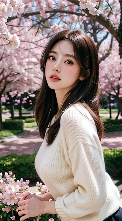 Best Quality, 4K,8K,Realistic, Photorealistic, ighly detailed, extremely delicate and beautiful, Raw photo, Japan and the beauty of Korea，Korean  beauty，Wear JK, a miniskirt，Large breasts，(Beautiful detailed eyes,Beautiful detailed lips,extremely detailed eye and face,long eyelasher), Beautiful hair, joyful look, Surrounded by cherry blossom trees, It has a cute anime style, In a picturesque garden bathed in sunshine. Artwork is of the highest quality, Ultra-detailed features and realism, realistic touch. Colorful，Lighting creates a warm atmosphere, dreamy ambiance.