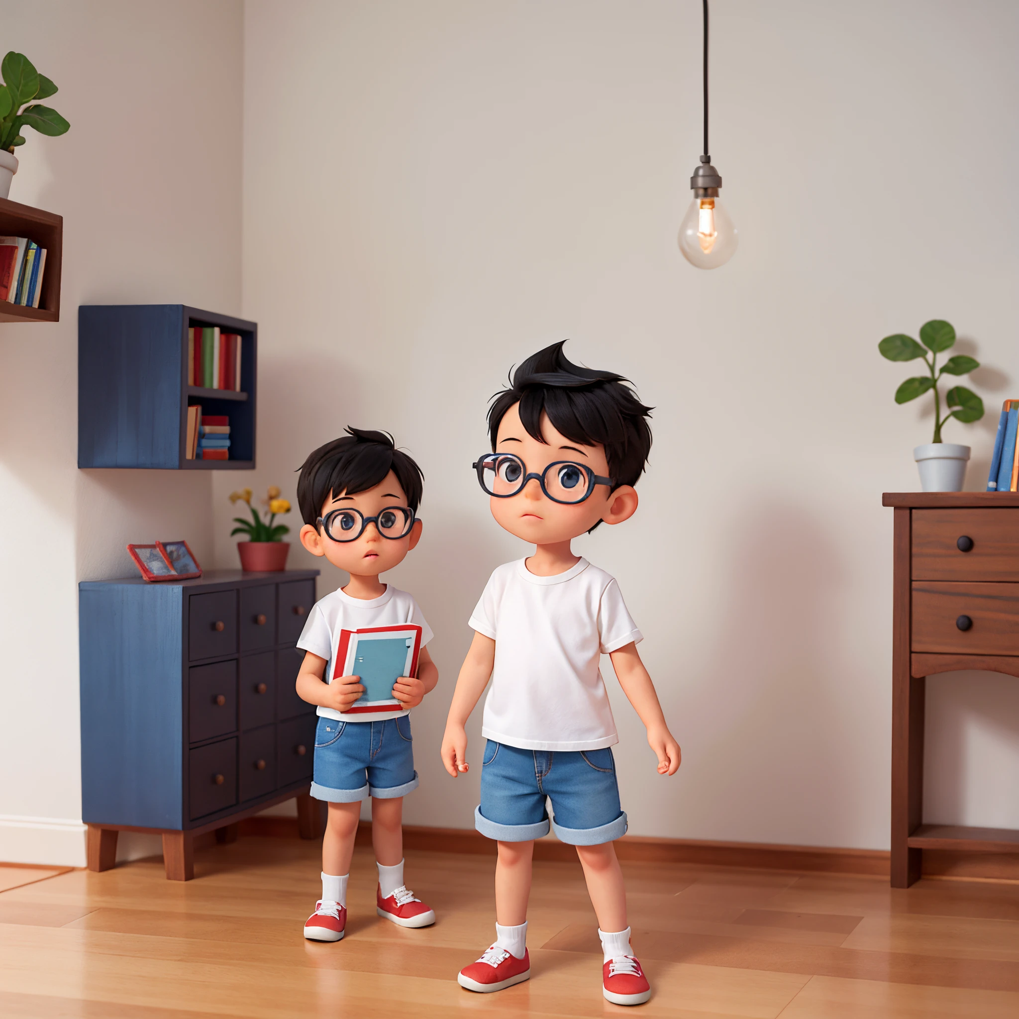 a boy, white background, choldren's book ilustation style, simple cute, 4 years old, bright colors, shot black hair, light skin, denim shorts, with glasses.